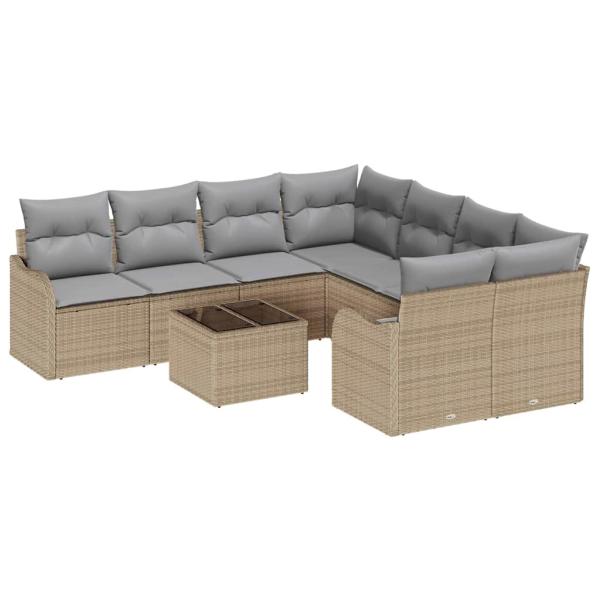 9-teiliges Garten-Sofa-Set mit Kissen in Beige Poly Rattan, 2-Sitzer Garten-Sofa mit Stauraum und Kissen in Beige Poly Rattan