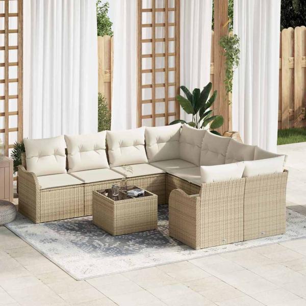 ARDEBO.de - 9-teiliges Garten Sofa Set mit Kissen Beige Poly Rattan, 2-Sitzer Garten Sofa mit Stauraum & Kissen Beige Poly Rattan