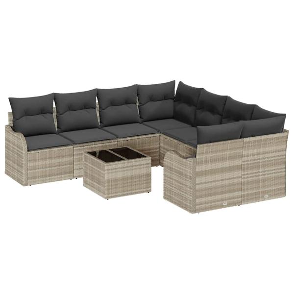 9-teiliges Garten Sofa Set mit Kissen Hellgrau Poly Rattan, 2-Sitzer Garten Sofa mit Stauraum & Kissen Hellgrau Poly Rattan