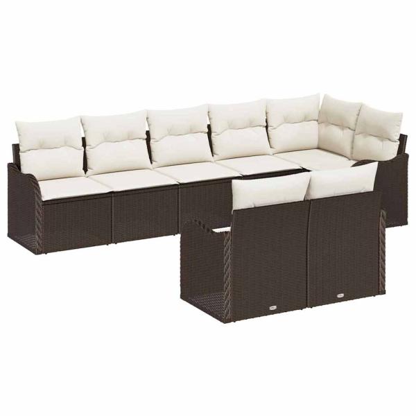 8-teiliges Garten Sofa Set mit Kissen Braun Poly Rattan, 2-Sitzer Garten Sofa mit Stauraum & Kissen Braun Poly Rattan