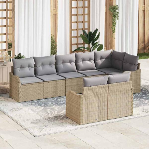 ARDEBO.de - 8-teiliges Garten Sofa Set mit Kissen Beige Poly Rattan, 2-Sitzer Garten Sofa mit Stauraum & Kissen Beige Poly Rattan