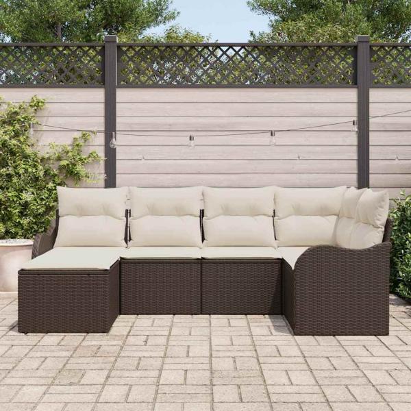 6-teiliges Garten Sofa Set mit Kissen Braun Poly Rattan, 2-Sitzer Garten Sofa mit Stauraum & Kissen Braun Poly Rattan