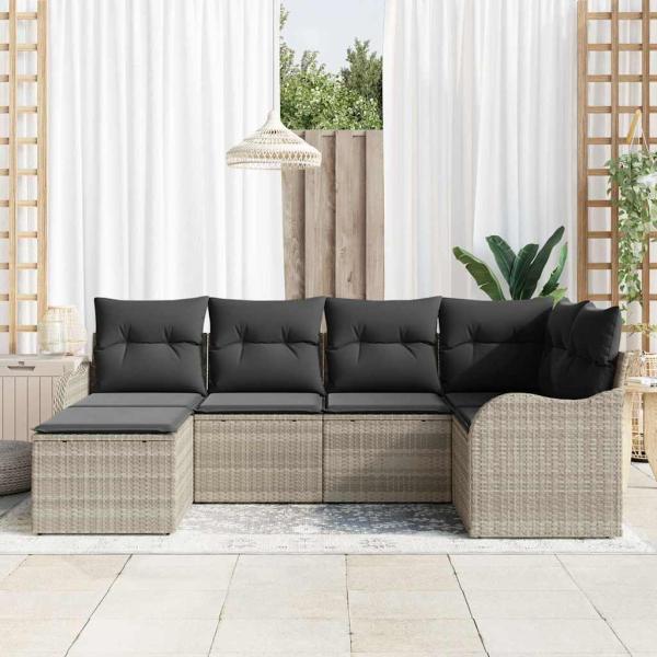 6-teilige Garten Sofa Set mit Kissen Hellgrau Poly Rattan, 2-Sitzer Garten Sofa mit Stauraum & Kissen Hellgrau Poly Rattan