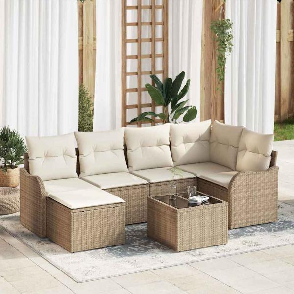 ARDEBO.de - 7-teiliges Garten Sofa Set mit Kissen Braun Poly Rattan, 2-Sitzer Garten Sofa mit Stauraum und Kissen Beige Poly Rattan