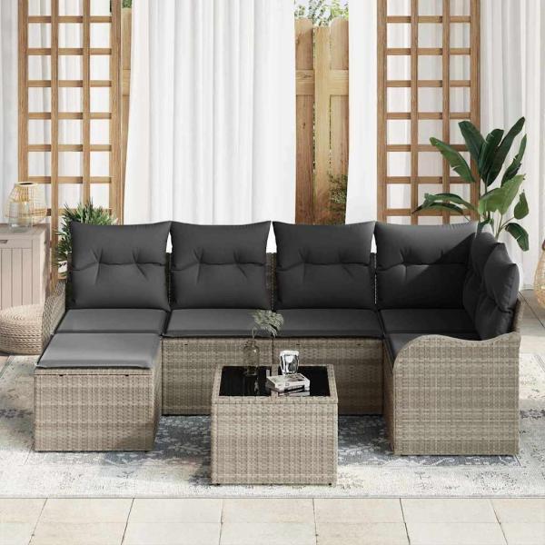 7-teiliges Garten-Sofa-Set mit Kissen Grau Poly-Rattan, 2-Sitzer Garten-Sofa mit Stauraum & Kissen Hellgrau Poly-Rattan
