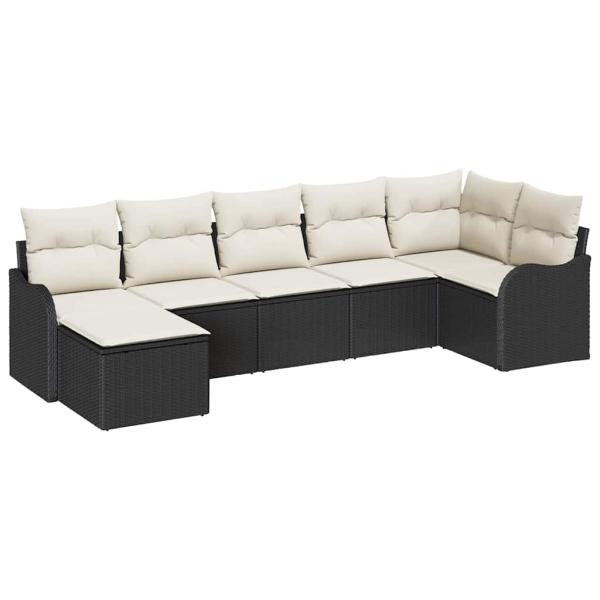 7-teiliges Garten Sofa Set mit Kissen Schwarz Poly Rattan, 2-Sitzer Garten Sofa mit Stauraum & Kissen Schwarz Poly Rattan