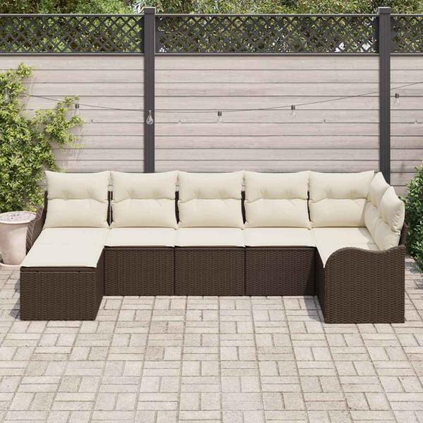 7-teiliges Garten Sofa Set mit Kissen Braun Poly Rattan, 2-Sitzer Garten Sofa mit Stauraum und Kissen Braun Poly Rattan