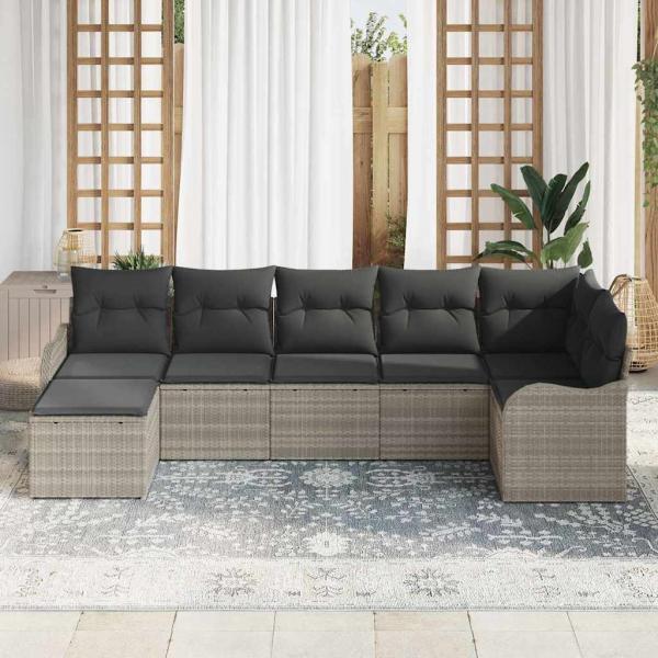 7-teiliges Garten-Sofa-Set mit Kissen Hellgrau Poly Rattan, 2-Sitzer Garten-Sofa mit Stauraum & Kissen Hellgrau Poly Rattan