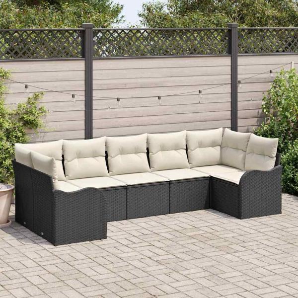 ARDEBO.de - 7-teiliges Garten Sofa Set mit Kissen Schwarz Poly Rattan, 2-Sitzer Garten Sofa mit Stauraum & Kissen Schwarz Poly Rattan