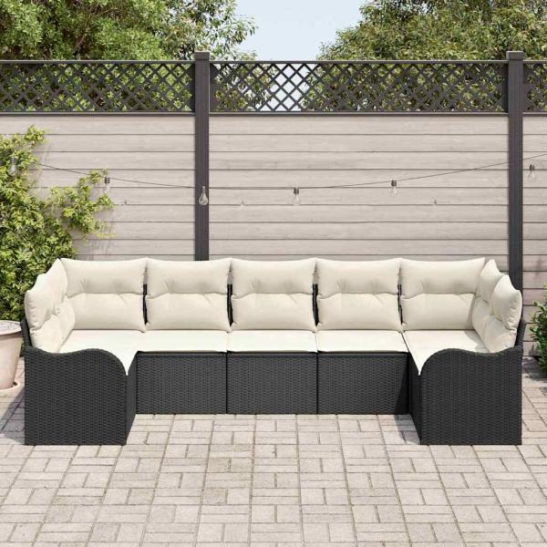 7-teiliges Garten Sofa Set mit Kissen Schwarz Poly Rattan, 2-Sitzer Garten Sofa mit Stauraum & Kissen Schwarz Poly Rattan