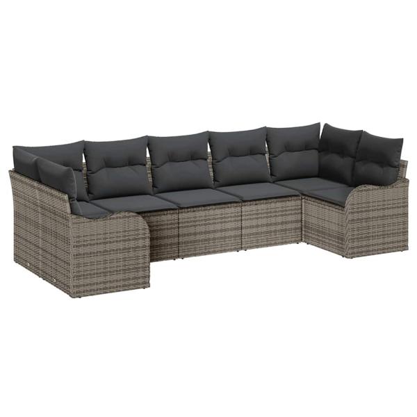 7-teiliges Garten Sofa Set mit Kissen Grau Poly Rattan, 2-Sitzer Garten Sofa mit Stauraum & Kissen Grau Poly Rattan