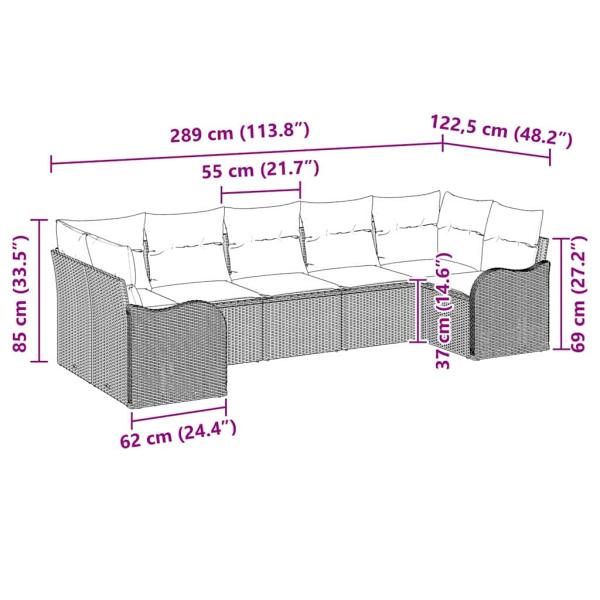 7-teiliges Garten Sofa Set mit Kissen Hellgraues Poly Rattan, 2-Sitzer Garten Sofa mit Stauraum & Kissen Hellgraues Poly Rattan