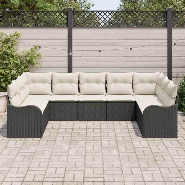 9-teiliges Garten Sofa Set mit Kissen schwarzes Poly Rattan, 2-Sitzer Garten Sofa mit Stauraum & Kissen schwarzes Poly Rattan