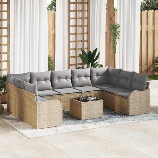 ARDEBO.de - 10-teiliges Garten Sofa Set mit Kissen Schwarz Poly Rattan, 2-Sitzer Garten Sofa mit Stauraum & Kissen Beige Poly Rattan