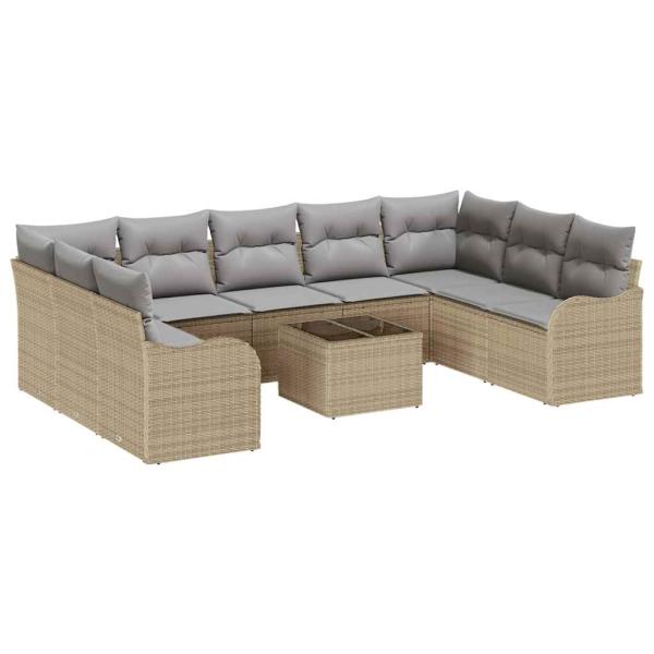 10-teiliges Garten Sofa Set mit Kissen Schwarz Poly Rattan, 2-Sitzer Garten Sofa mit Stauraum & Kissen Beige Poly Rattan