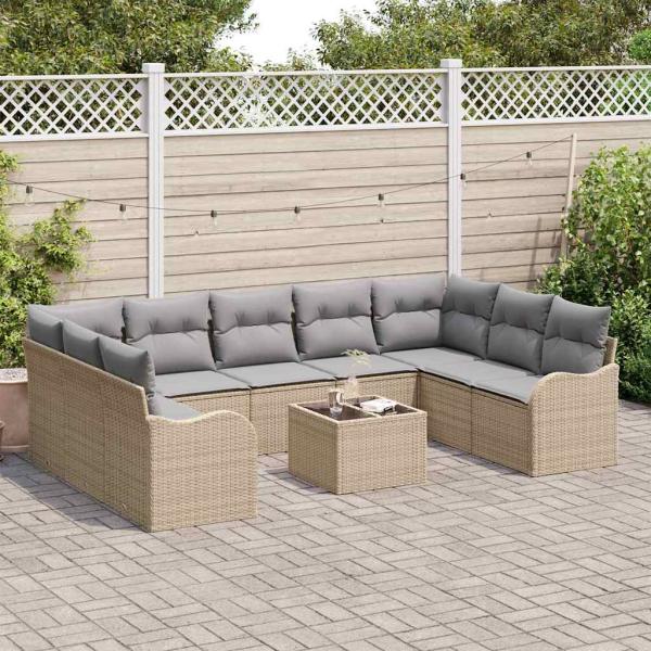 10-teiliges Garten Sofa Set mit Kissen Schwarz Poly Rattan, 2-Sitzer Garten Sofa mit Stauraum & Kissen Beige Poly Rattan