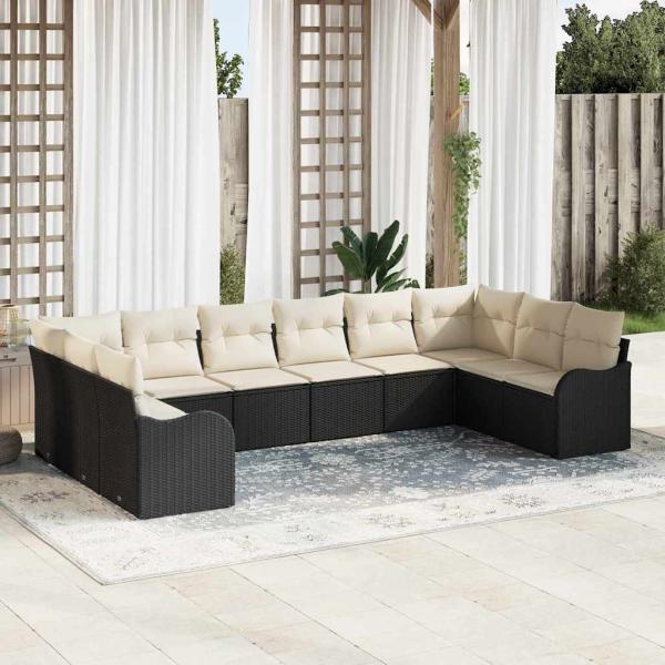 ARDEBO.de - 10-teiliges Garten Sofa Set mit Kissen Schwarz Poly-Rattan, 2-Sitzer Garten Sofa mit Stauraum & Kissen Schwarz Poly-Rattan