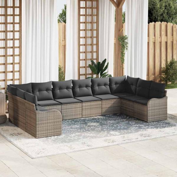 ARDEBO.de - 10-teiliges Garten Sofa Set mit Kissen grau Poly Rattan, 2-Sitzer Garten Sofa mit Stauraum & Kissen grau Poly Rattan
