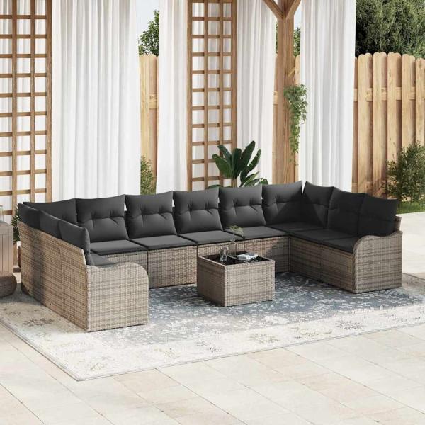 ARDEBO.de - 10-teiliges Garten Sofa Set mit Kissen, schwarzes Poly Rattan, 2-Sitzer Garten Sofa mit Stauraum und Kissen, graues Poly Rattan