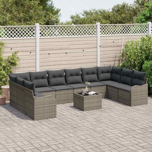 10-teiliges Garten Sofa Set mit Kissen, schwarzes Poly Rattan, 2-Sitzer Garten Sofa mit Stauraum und Kissen, graues Poly Rattan