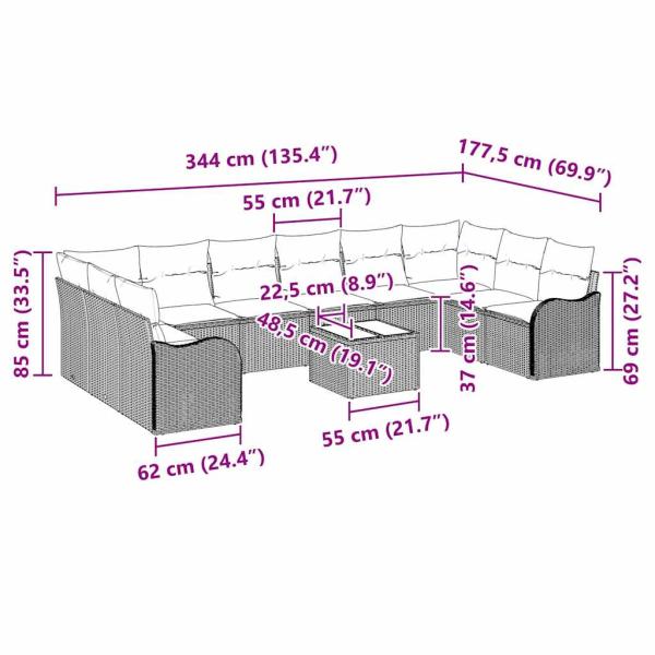 10-teiliges Garten Sofa Set mit Kissen, schwarzes Poly Rattan, 2-Sitzer Garten Sofa mit Stauraum und Kissen, graues Poly Rattan