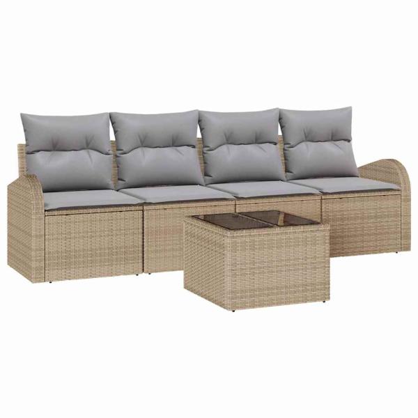 5-teiliges Garten-Sofa-Set mit Kissen Beige Poly Rattan, 2-Sitzer Garten-Sofa mit Stauraum & Kissen Beige Poly Rattan
