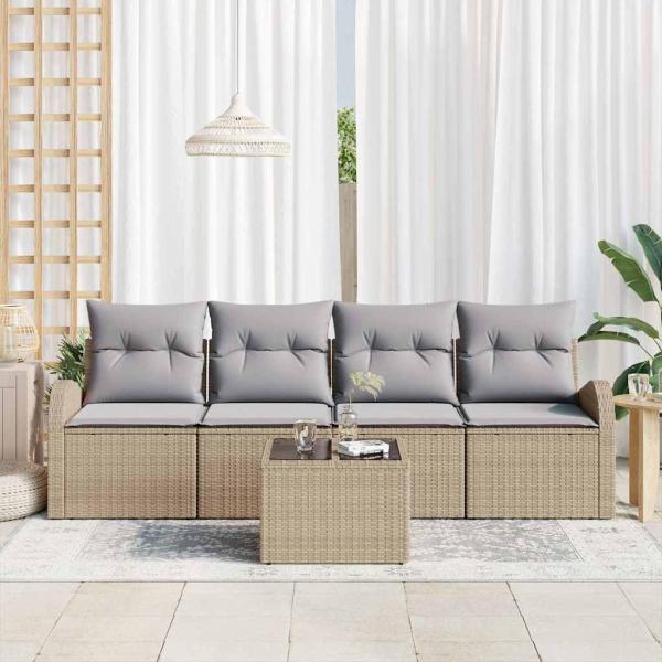 5-teiliges Garten-Sofa-Set mit Kissen Beige Poly Rattan, 2-Sitzer Garten-Sofa mit Stauraum & Kissen Beige Poly Rattan