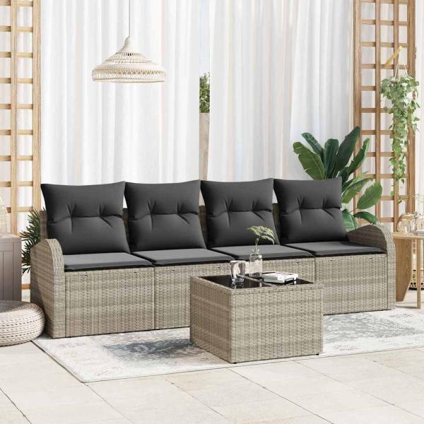 ARDEBO.de - 5-teiliges Garten-Sofa-Set mit Kissen in Hellgrau aus Poly-Rattan, 2-Sitzer Garten-Sofa mit Stauraum & Kissen in Hellgrau aus Poly-Rattan