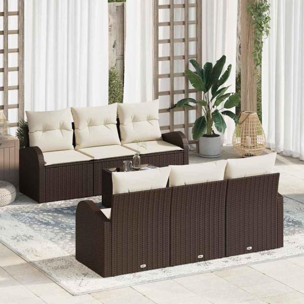 ARDEBO.de - 7-teiliges Garten Sofa Set mit Kissen Braun Poly Rattan, 2-Sitzer Garten Sofa mit Stauraum & Kissen Braun Poly Rattan