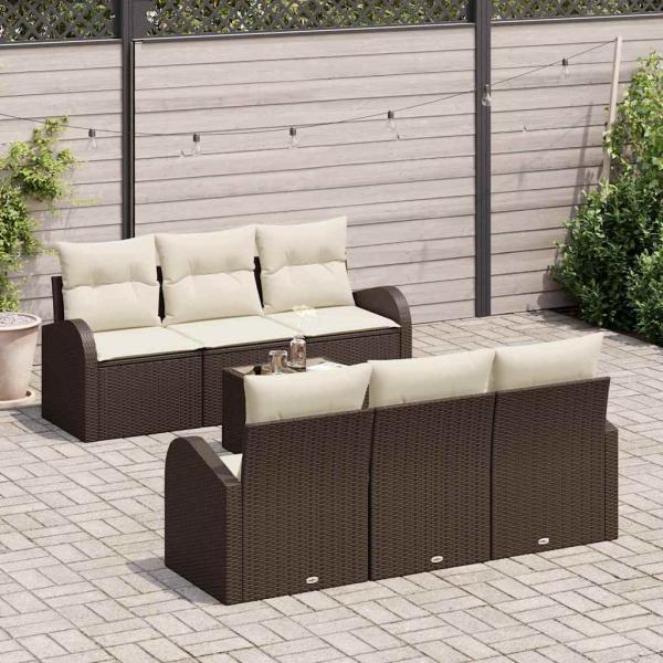 7-teiliges Garten Sofa Set mit Kissen Braun Poly Rattan, 2-Sitzer Garten Sofa mit Stauraum & Kissen Braun Poly Rattan