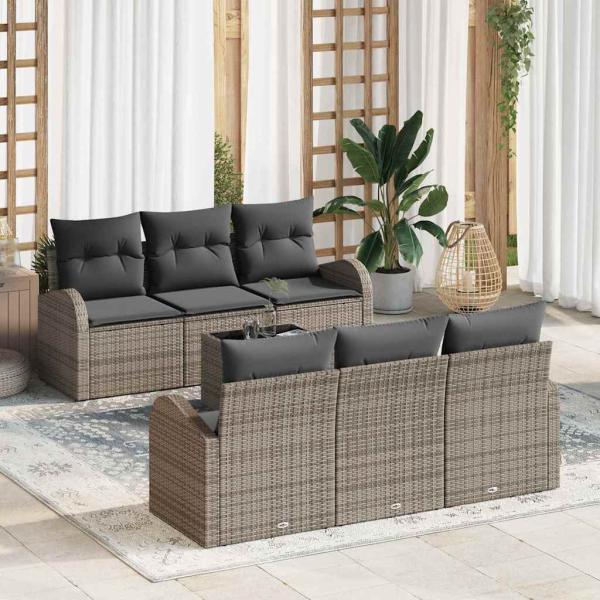 ARDEBO.de - 7-teiliges Garten Sofa Set mit Kissen Grau Poly Rattan, 2-Sitzer Garten Sofa mit Stauraum & Kissen Grau Poly Rattan