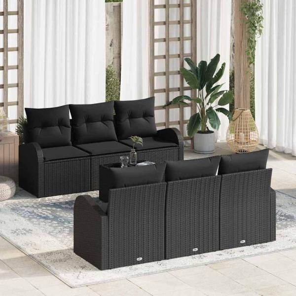 ARDEBO.de - 7-teiliges Garten-Sofa-Set mit Kissen Schwarz Poly-Rattan, 2-Sitzer Garten-Sofa mit Stauraum & Kissen Schwarz Poly-Rattan
