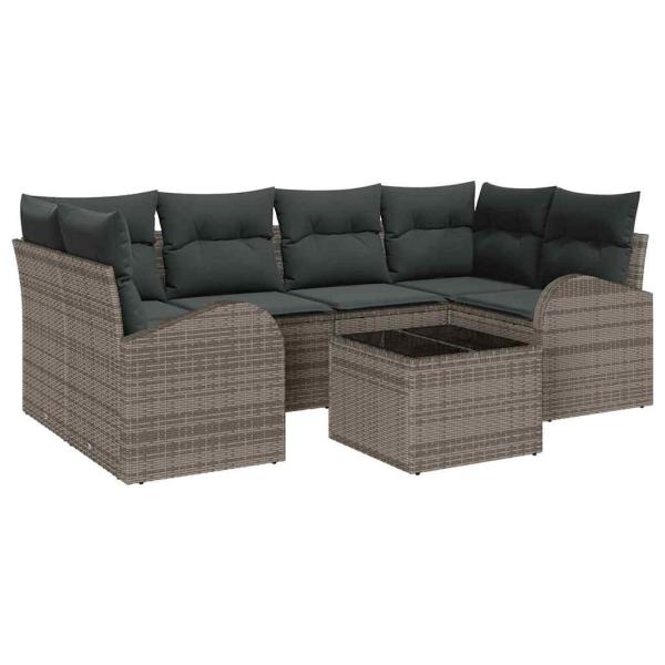 ARDEBO.de - 7-teiliges Garten Sofa Set mit Kissen Grau Poly Rattan, 2-Sitzer Garten Sofa mit Stauraum & Kissen Grau Poly Rattan
