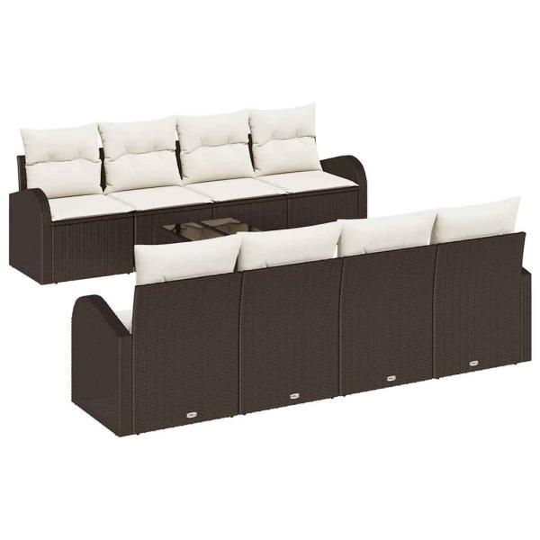 9-teiliges Garten-Sofa Set mit Kissen Braun Poly Rattan, 2-Sitzer Garten-Sofa mit Stauraum & Kissen Braun Poly Rattan