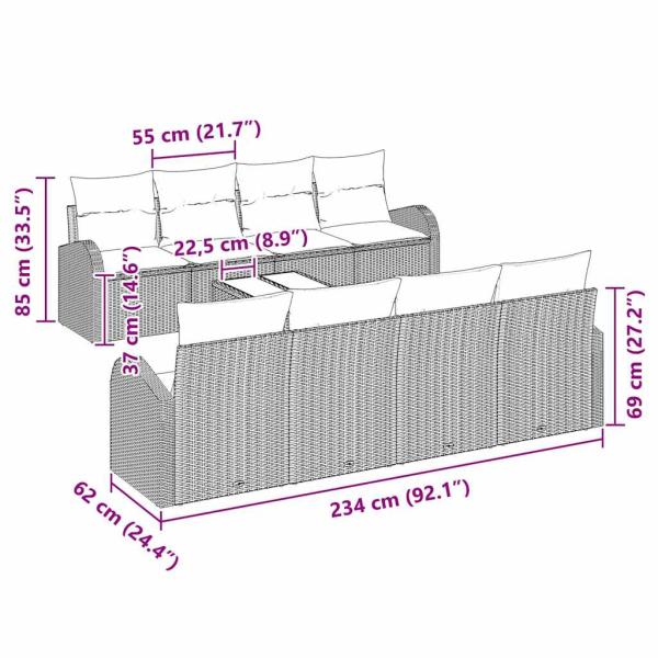 9-teiliges Garten-Sofa Set mit Kissen Braun Poly Rattan, 2-Sitzer Garten-Sofa mit Stauraum & Kissen Braun Poly Rattan