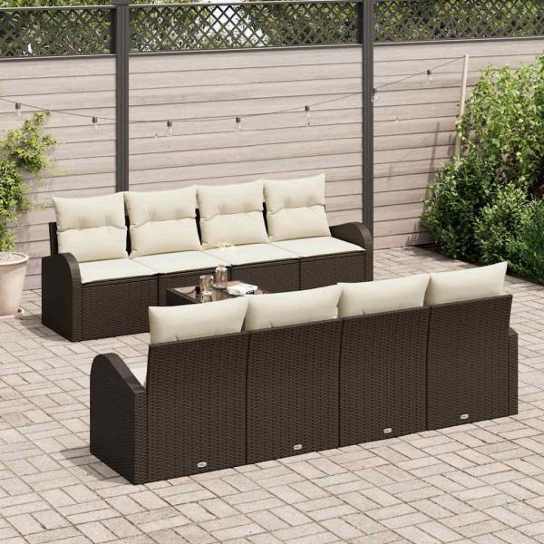 9-teiliges Garten-Sofa Set mit Kissen Braun Poly Rattan, 2-Sitzer Garten-Sofa mit Stauraum & Kissen Braun Poly Rattan