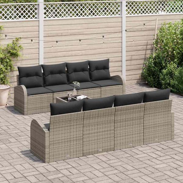 9-teiliges Garten-Sofa-Set mit Kissen Grau Poly Rattan, 2-Sitzer Garten-Sofa mit Stauraum & Kissen Grau Poly Rattan