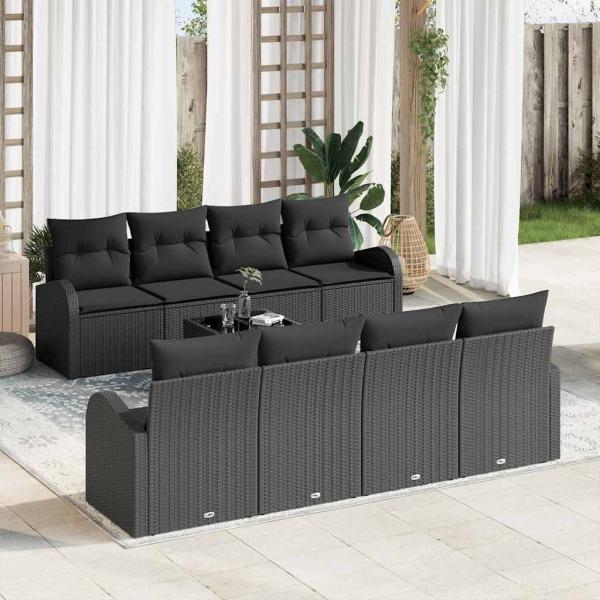 ARDEBO.de - 9-teiliges Garten-Sofa-Set mit Kissen Schwarz Poly Rattan, 2-Sitzer Garten-Sofa mit Stauraum & Kissen Schwarz Poly Rattan