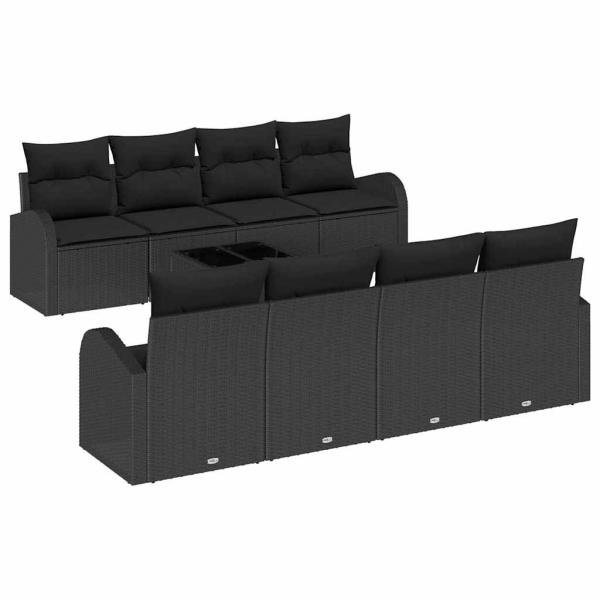 9-teiliges Garten-Sofa-Set mit Kissen Schwarz Poly Rattan, 2-Sitzer Garten-Sofa mit Stauraum & Kissen Schwarz Poly Rattan