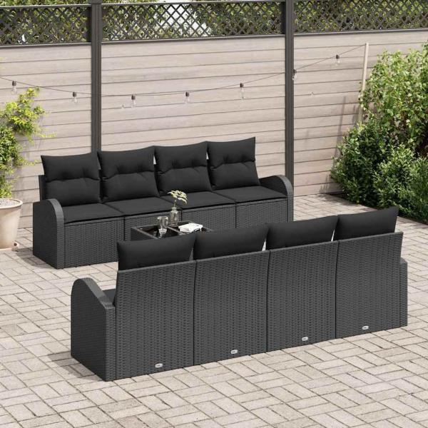 9-teiliges Garten-Sofa-Set mit Kissen Schwarz Poly Rattan, 2-Sitzer Garten-Sofa mit Stauraum & Kissen Schwarz Poly Rattan