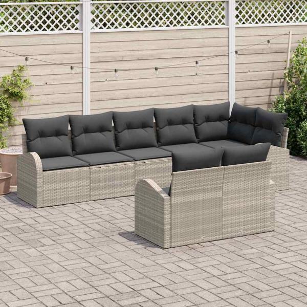 8-teiliges Garten-Sofa-Set mit Kissen Hellgrau Poly-Rattan, 2-Sitzer Garten-Sofa mit Stauraum und Kissen Hellgrau Poly-Rattan