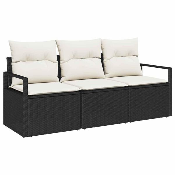 3-teiliges Garten Sofa Set mit Kissen Schwarz Poly Rattan, 2-Sitzer Garten Sofa mit Stauraum & Kissen Schwarz Poly Rattan