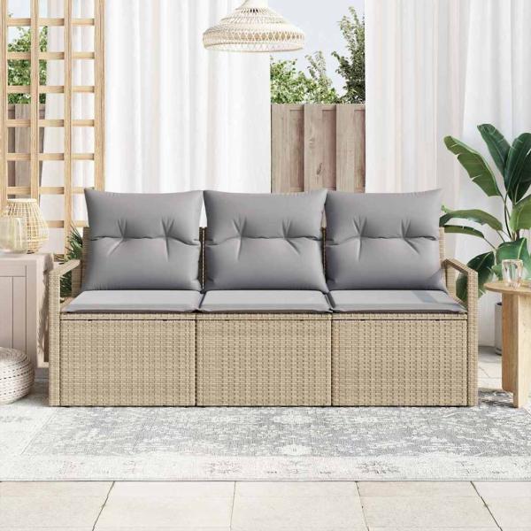 3-teiliges Garten-Sofa-Set mit Kissen Beige Poly Rattan, 2-Sitzer Garten-Sofa mit Stauraum & Kissen Beige Poly Rattan