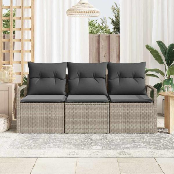3-teiliges Garten-Sofa-Set mit Kissen Hellgrau Poly-Rattan, 2-Sitzer Garten-Sofa mit Stauraum & Kissen Grau Poly-Rattan