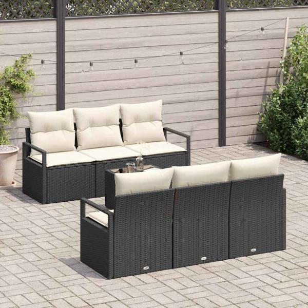 7-teiliges Garten-Sofa-Set mit Kissen Schwarz Poly Rattan, 2-Sitzer Garten-Sofa mit Stauraum & Kissen Schwarz Poly Rattan