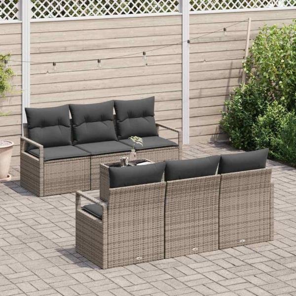7-teiliges Garten-Sofa-Set mit Kissen Grau Poly Rattan, 2-Sitzer Garten-Sofa mit Stauraum und Kissen Grau Poly Rattan