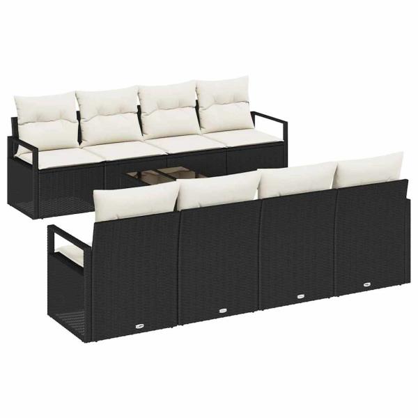 9-teiliges Garten-Sofa-Set mit Kissen Schwarz Poly-Rattan, 2-Sitzer Garten-Sofa mit Stauraum und Kissen Schwarz Poly-Rattan