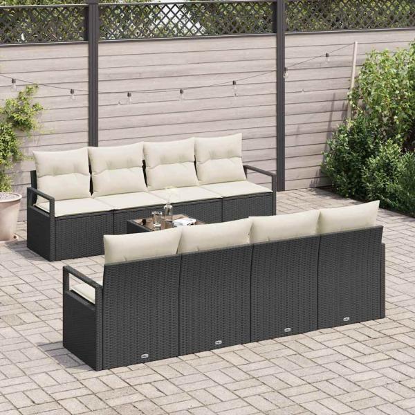 9-teiliges Garten-Sofa-Set mit Kissen Schwarz Poly-Rattan, 2-Sitzer Garten-Sofa mit Stauraum und Kissen Schwarz Poly-Rattan