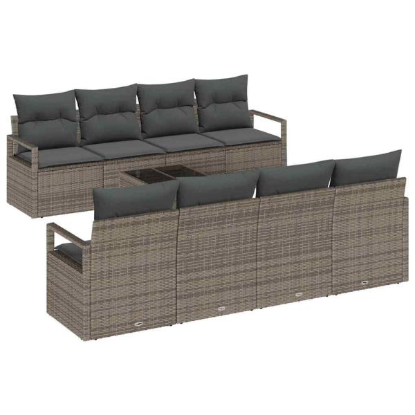 9-teiliges Garten-Sofa-Set mit Kissen Grau Poly-Rattan, 2-Sitzer Garten-Sofa mit Stauraum & Kissen Grau Poly-Rattan