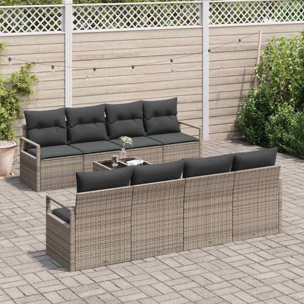 9-teiliges Garten-Sofa-Set mit Kissen Grau Poly-Rattan, 2-Sitzer Garten-Sofa mit Stauraum & Kissen Grau Poly-Rattan